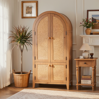 Sunvega Arched Rattan Pantry Cabinet with Adjustable Shelves for Kitchen Bathroom