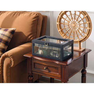 Sunvega Blue Leather and Glass Jewelry Case with Watch Display and Drawer