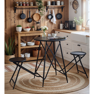 Sunvega Black Stowable Side Table and Two Seats with Foldable Iron Frame