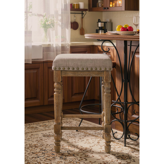 Sunvega Beige Fabric Weathered Oak Finish Counter Height Stool Set of 2