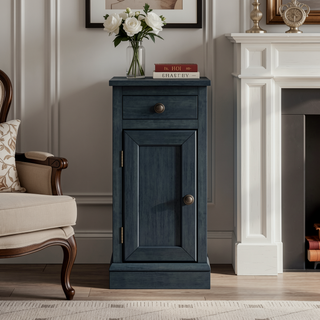 Sunvega Antique Blue Solid Wood Veneer Traditional Side Table for Living Room