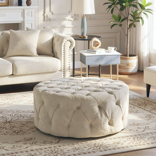 Sunvega Round Storage Ottoman with Faux Leather Upholstery and Tufted Design