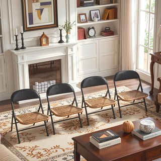 Sunvega Rattan Collapsible Chair Set of 4 with Black Steel Frame and Natural Woven Design