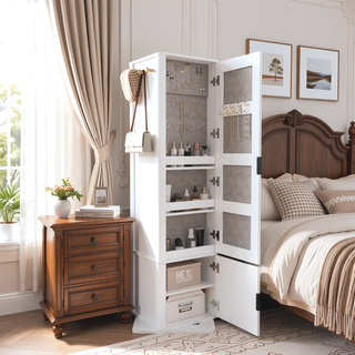 Sunvega 360-Degree Rotating Makeup Jewelry Cabinet with Full-Length Mirror and Coat Rack
