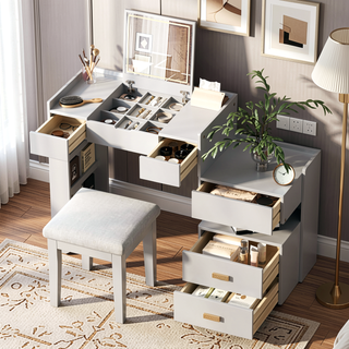Sunvega 3-in-1 Makeup Vanity Desk with Flip-Top Mirror LED Lighting and Ample Drawers