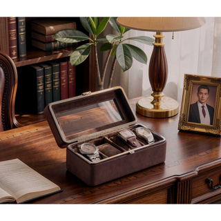 Sunvega Brown Leather and Tempered Glass 4 Slot Watch Display Case with Lid