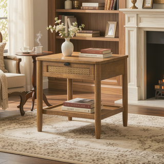 Sunvega Light Walnut Single-Drawer Nightstand with Shelf and Woven Pattern
