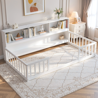 Sunvega Twin Floor Bed with Bedside Bookcase Guardrails and Shelves in Grey