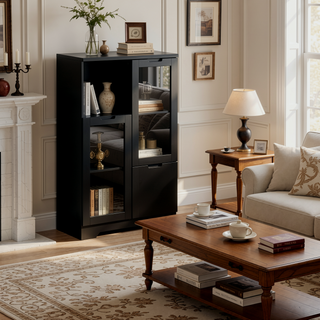 Sunvega Green MDF Cabinet with Glass Doors and Drawer for Bedroom Living Room