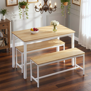 Sunvega Industrial Natural and White Dining Table Set with 2 Benches for Kitchen