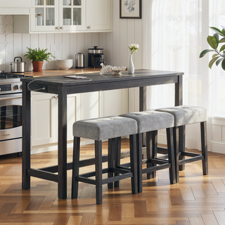 Sunvega Industrial Bar Table Set with Power Outlet and 4 Ergonomic Chairs for Living Room