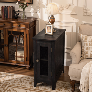 Sunvega Narrow Accent Side Table with Black Veneer Finish and Closed Cabinet Storage