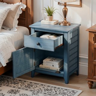Sunvega Antique Blue Veneer Transitional Nightstand with Storage Drawer and Cabinet