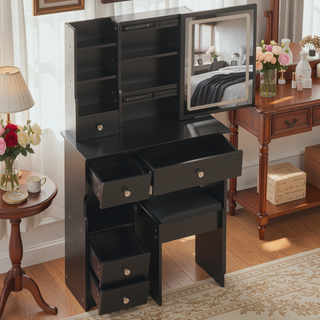 Sunvega Small Size Left Drawer Desktop Vanity Table with Cushioned Stool and Adjustable LED Mirror
