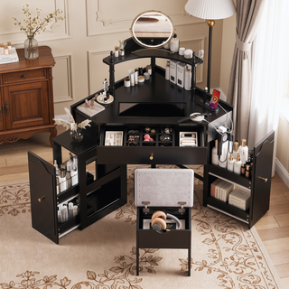 Sunvega Corner Vanity Desk Set with Storage Stool Charging Station and Glass Tabletop