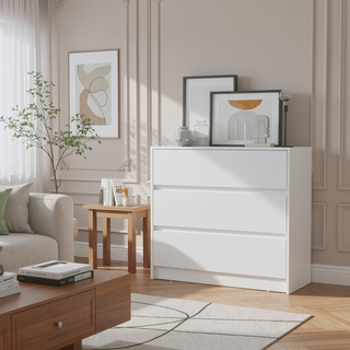 Sunvega 3 Drawer White Chest with Metal Rails for Bedroom Storage