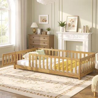 Sunvega Natural Rubber Wood Twin Size Floor Bed with Safety Guardrails and Door