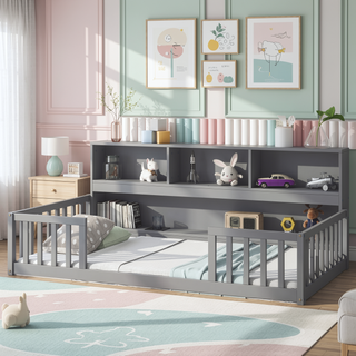 Sunvega Twin Floor Bed with Bedside Bookcase Guardrails and Shelves in Grey