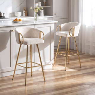 Sunvega 26 Inch Set of 2 Velvet Bar Stools with Chrome Footrest and Golden Leg