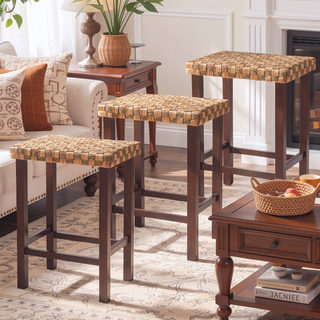 Sunvega Handwoven Seagrass Dining Bench with Cushion and Adjustable Foot Pegs for Farmhouse Kitchen