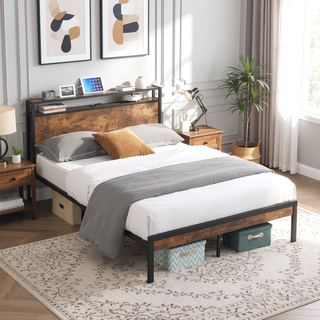 Sunvega Modern Metal Platform Bed Frame with Wooden Headboard and Footboard for Queen Size