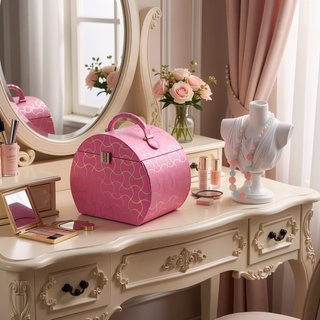 Sunvega Hot Pink Jewelry Organizer Case with Mirror and Multiple Drawers