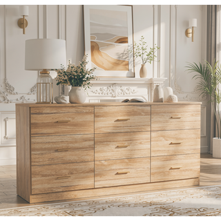 Sunvega Modern Black 9-Drawer Dresser with Golden Handles for Bedroom Storage