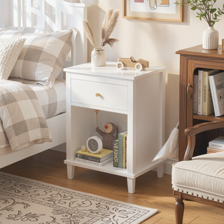 Sunvega White and Golden Kids Wooden Nightstand with One Drawer and Shelf