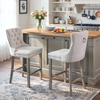 Sunvega Modern Velvet Upholstered Barstools with Button Tufted and Wooden Legs