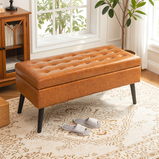 Sunvega Tufted Beige Storage Ottoman Bench with Safety Hinge for Bedroom