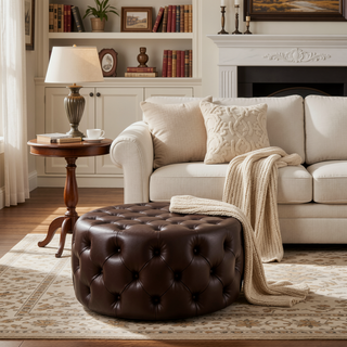 Sunvega Round Ottoman with Faux Leather Upholstery and Open Shelf for Living Room