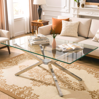 Sunvega Modern 39.37" Rectangular Clear Tempered Glass Coffee Table with Black Metal Legs