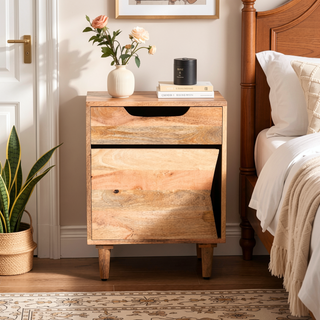Sunvega Natural Wood Nightstand with Storage Drawer and Cabinet for Bedroom