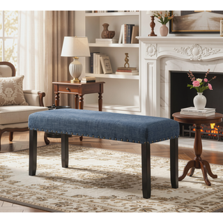 Sunvega Tan Linen and Cotton Fabric Dining Bench with Nailhead Trim