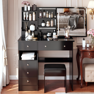 Sunvega Small Size Left Drawer Vanity Table with Cushioned Stool and LED Mirror for Small Spaces