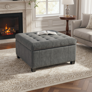 Sunvega Fabric Ottoman with Tufted Waffle Lid and Soft-Closing Hinges for Storage