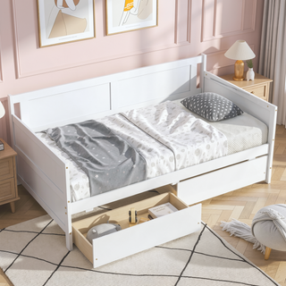 Sunvega Twin Size Pine Wood Daybed with Two Storage Drawers in White