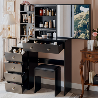 Sunvega 37 Inch Left Bedside Cabinet Vanity Table with Cushioned Stool and Sliding Mirror