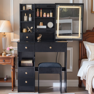 Sunvega Small Space Vanity Table with Cushioned Stool and Extra Large Sliding Mirror