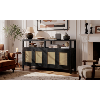 Sunvega Bohemian Style Rattan Buffet Cabinet with Solid Wood Frame and Adjustable Shelves for Living Dining Rooms