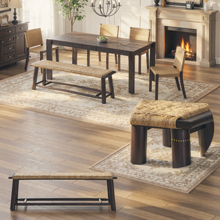Sunvega Farmhouse Modern Solid Wood Rattan Bench for Covered Outdoor and Indoor Spaces