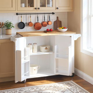 Sunvega Mobile Kitchen Island Cart with 3 Drawers Spice Rack and Drop Leaf Table