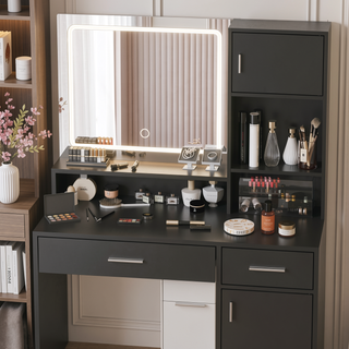 Sunvega Vanity Desk with Mirror LED Light Strip 3 Lighting Modes and Large Drawer
