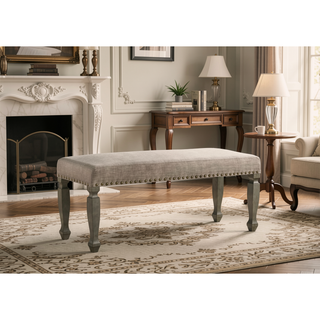 Sunvega Antique Gray Finish Upholstered Nailhead Trim Bench with Cushioned Seat