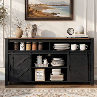 Sunvega Farmhouse Sideboard with Sliding Barn Door Mesh Panels and Open Storage