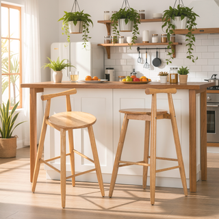 Sunvega Natural Rubberwood Barstools with Cross Bar Backrest and Stable Structure Set of 2