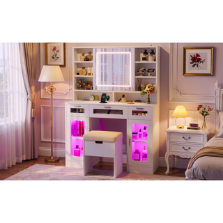 Sunvega Makeup Vanity with Sliding Mirror, LED Lights, Storage Stool, and Charging Station