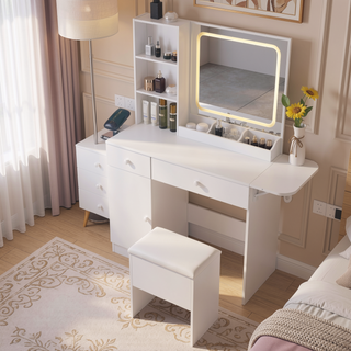 Sunvega Makeup Vanity Desk with Lighted Mirror, Power Outlet, Storage Stool, and Cabinet