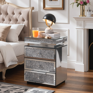 Sunvega Mirrored Nightstand with Crystal Inlay and 3 Spacious Drawers for Bedroom