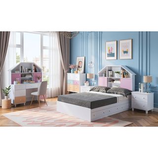 Sunvega White Full Size Bookcase Headboard with Pink Sliding Doors and Seven Cubby Shelves